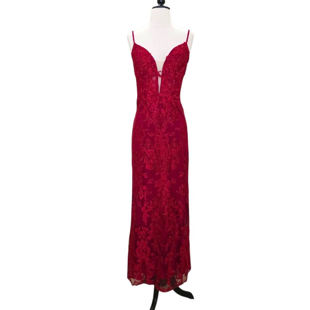 Mac Duggal 20330 Red Beaded Formal Dress Embroidered Evening Gown Maxi 12 - Picture 2 of 11